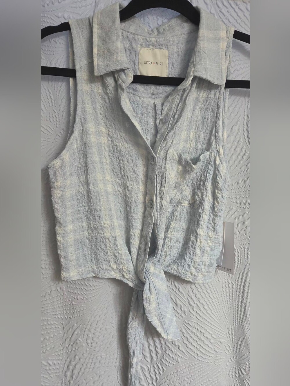 Ultra Flirt Light Blue Sleeveless Tie-Front Top